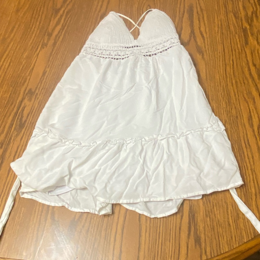 White Mini Dress with Delicate Lace and Flowy Silhouette